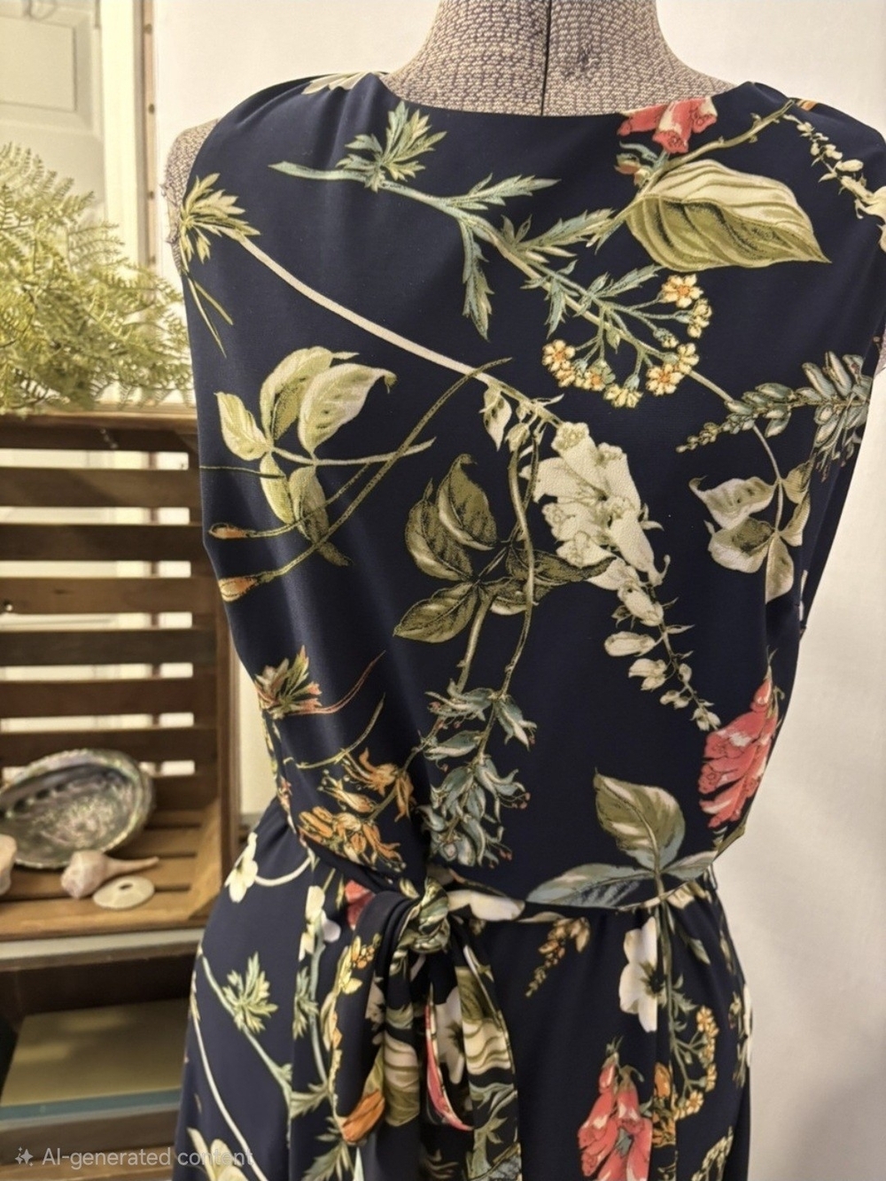 Anne Klein sleeveless a-line dress features a navy floral print and a belted